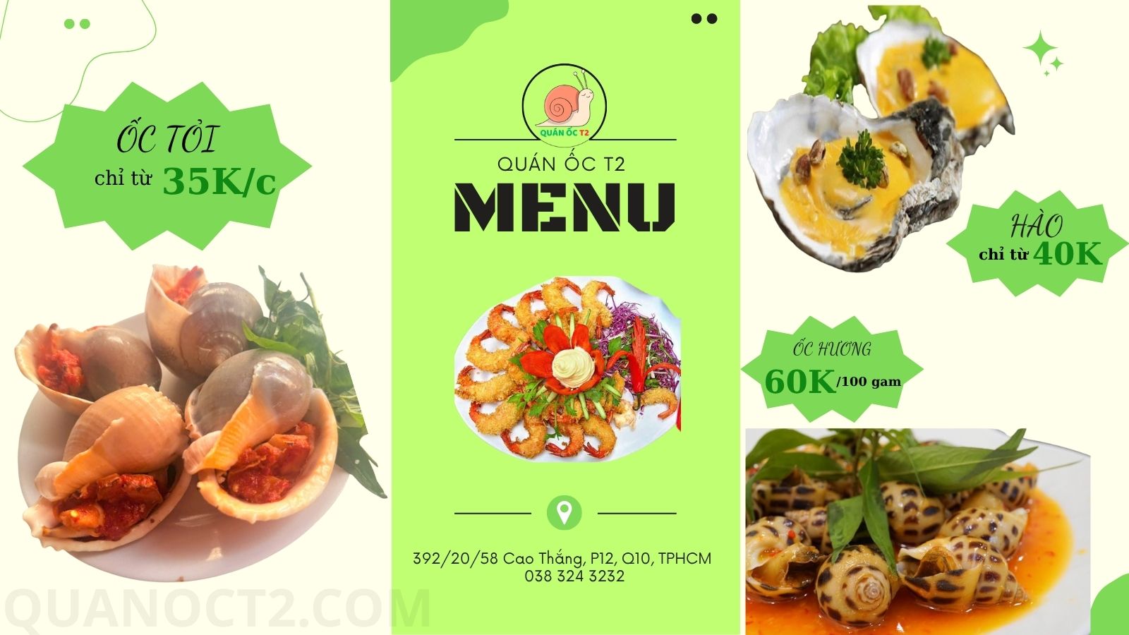 Menu quán nhậu bình dân T2 với các món ốc, hải sản, lẩu, mồi nhậu đa dạng